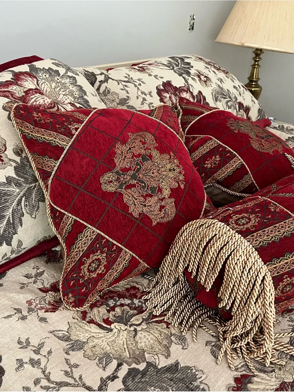 Belle Fleur Comforter Set in Beige and Burgundy- reversible w/ curtains to match